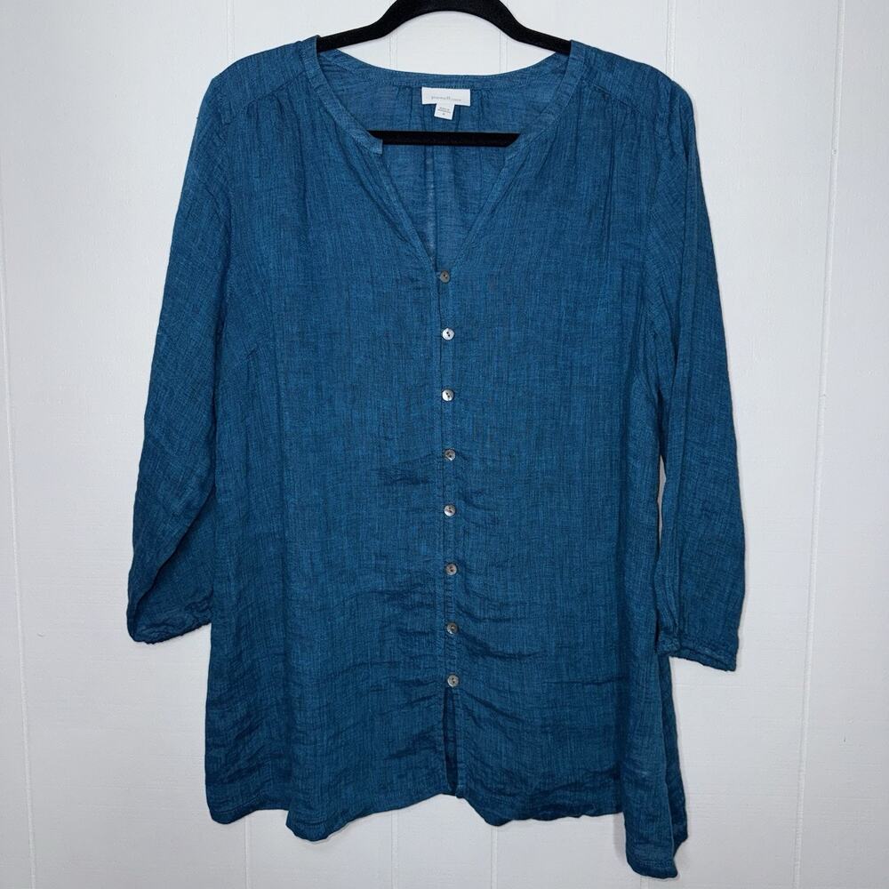 Pure Jill Women’s 100% Linen Button Up Top Teal Blue Size Medium